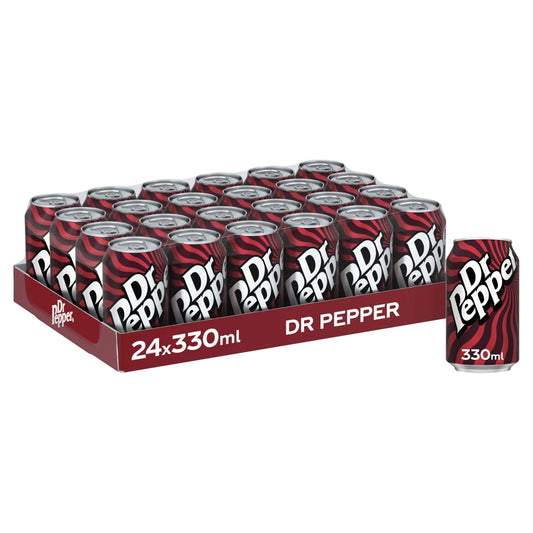 Box of Dr Pepper cans with a single can displayed on a white background