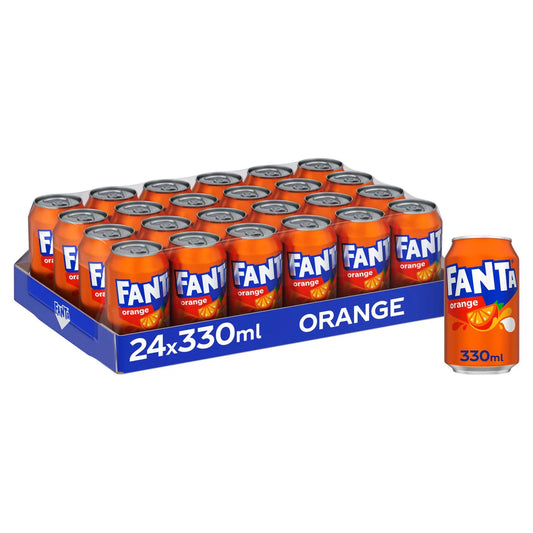 Pack of Fanta orange cans with a blue tray on a white background